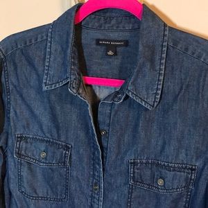 Denim, button down, long sleeve, collared shirt.